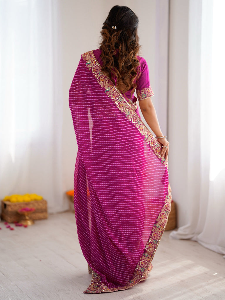 Pretty Pink Leheriya Printed Georgette Wedding Wear Saree With Blouse