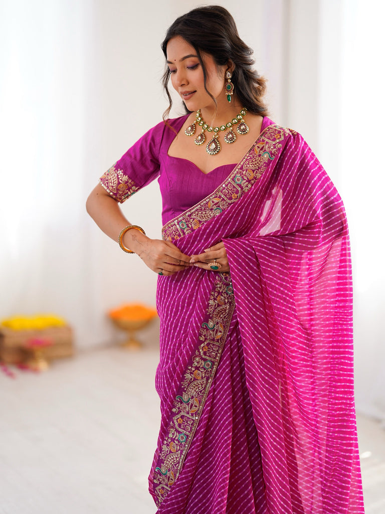 Pretty Pink Leheriya Printed Georgette Wedding Wear Saree With Blouse