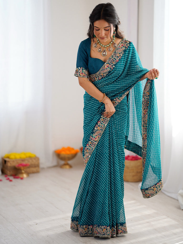 Chic Teal Blue Embroidery Bordered Georgette Event Wear Saree With Blouse
