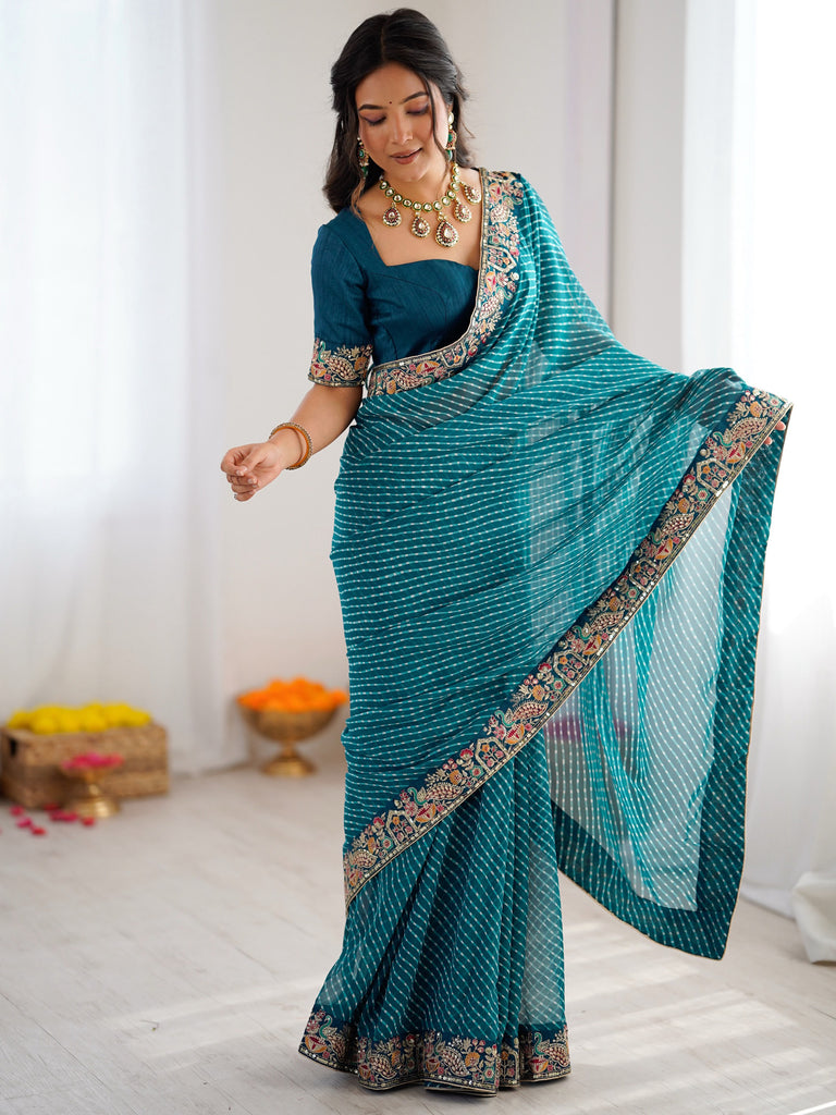 Chic Teal Blue Embroidery Bordered Georgette Event Wear Saree With Blouse