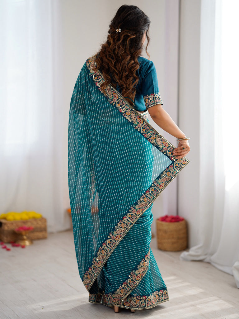 Chic Teal Blue Embroidery Bordered Georgette Event Wear Saree With Blouse