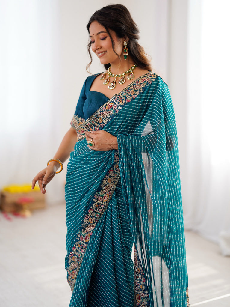 Chic Teal Blue Embroidery Bordered Georgette Event Wear Saree With Blouse