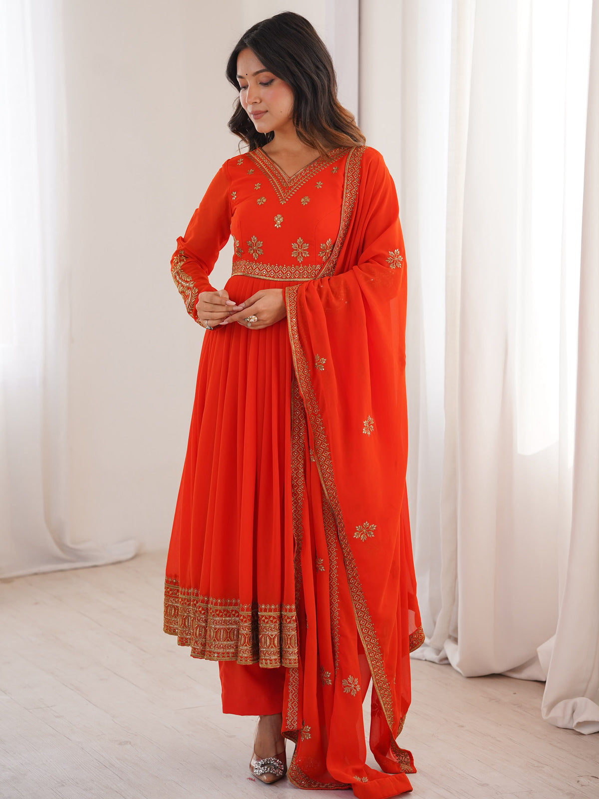 Dazzling Orange Sequins Georgette Festive Wear Anarkali Suit