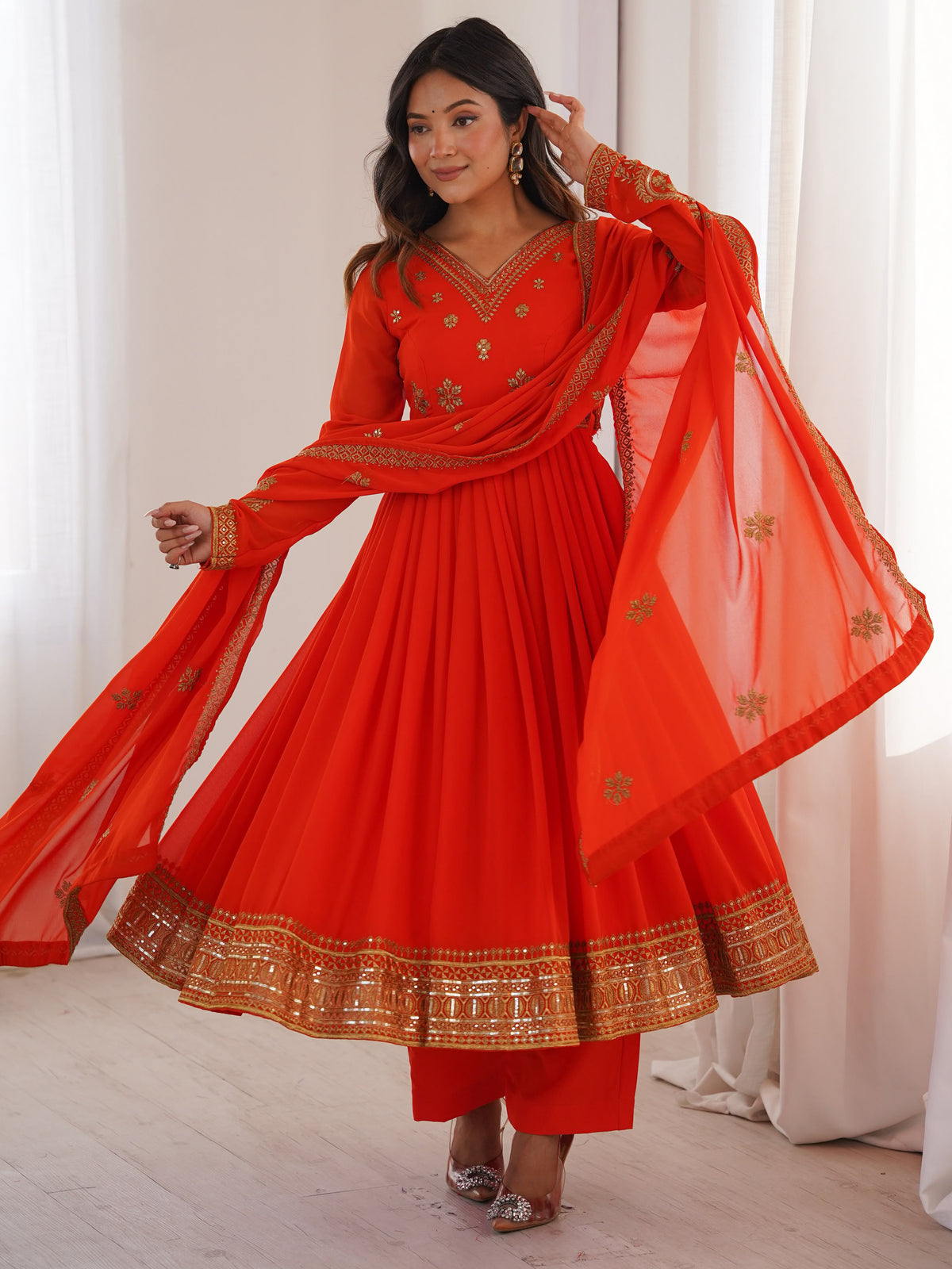 Dazzling Orange Sequins Georgette Festive Wear Anarkali Suit