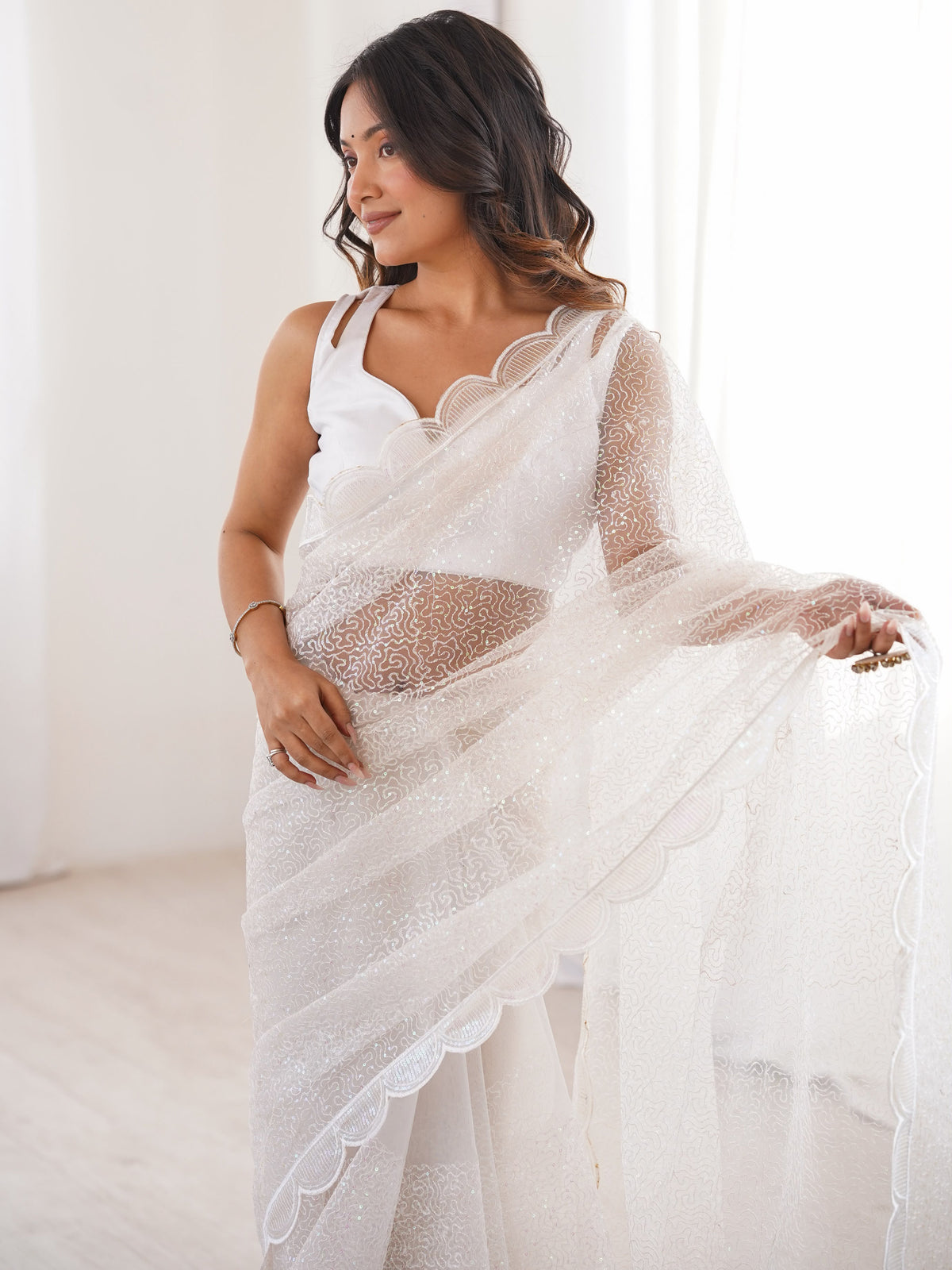 Classic White Sequins Net Festive Wear Saree With Blouse