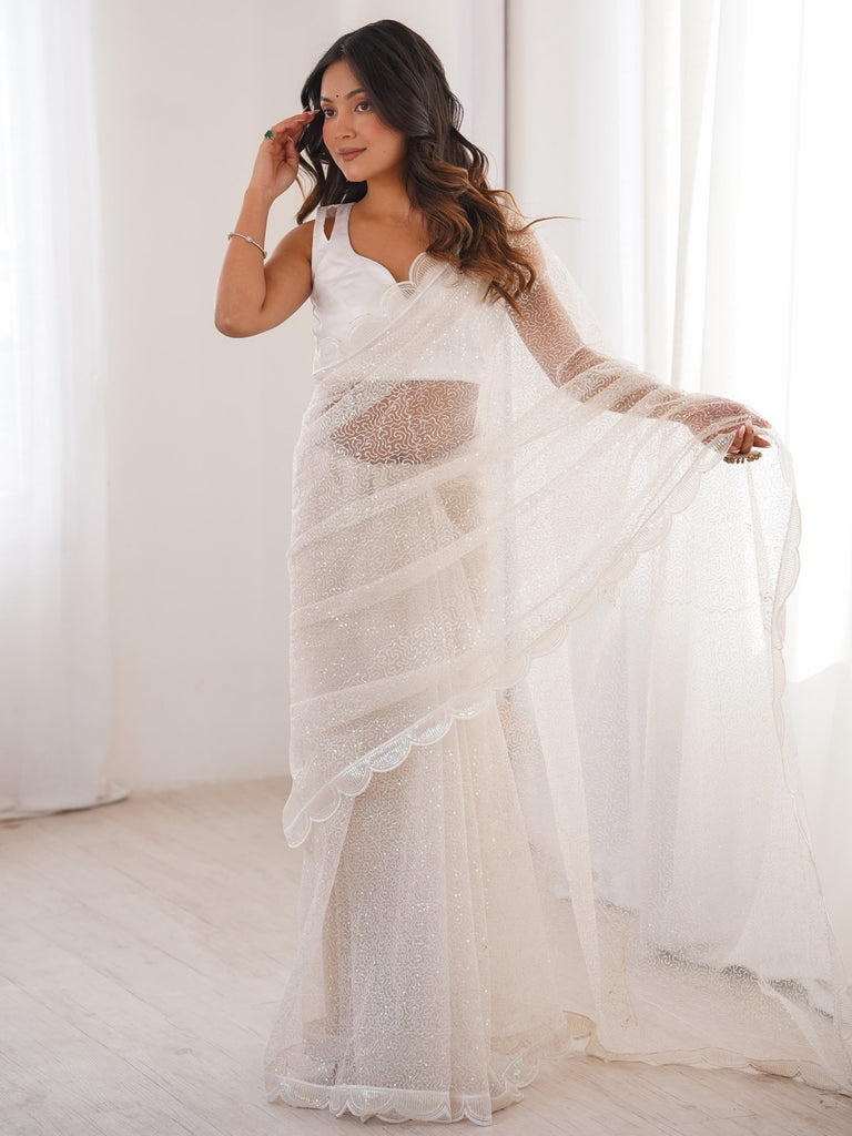 Classic White Sequins Net Festive Wear Saree With Blouse