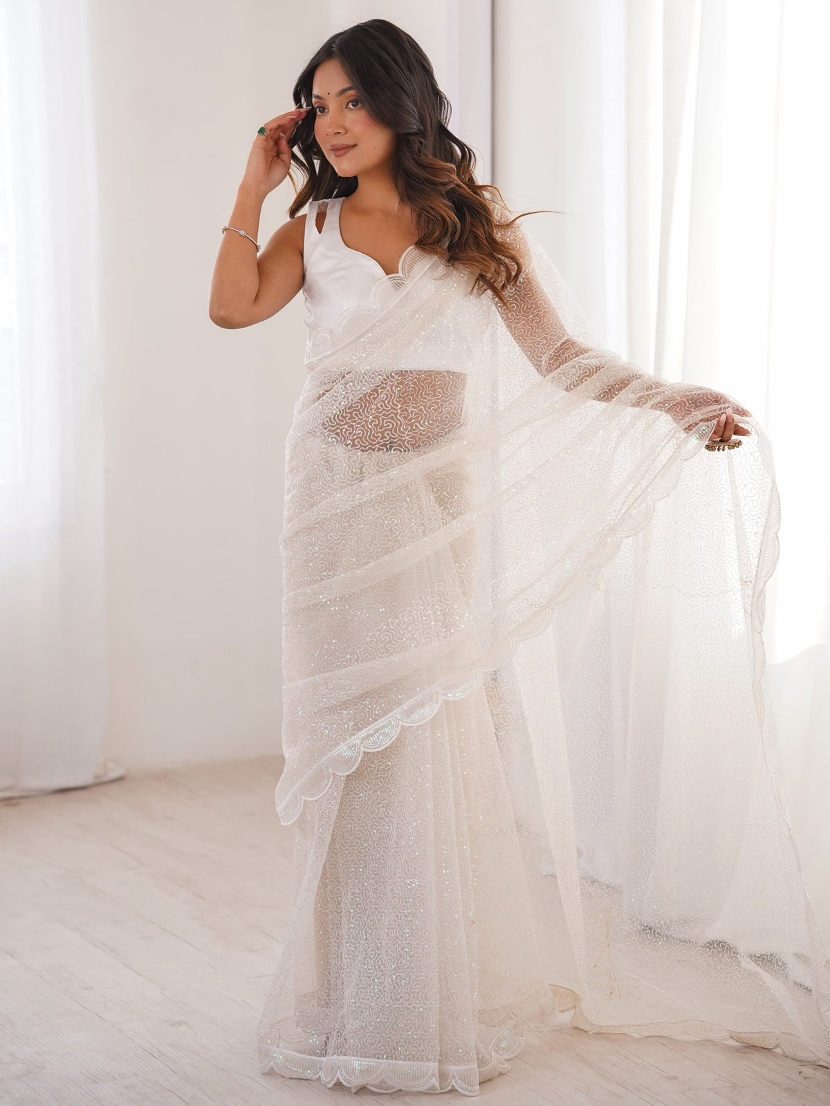 Classic White Sequins Net Festive Wear Saree With Blouse