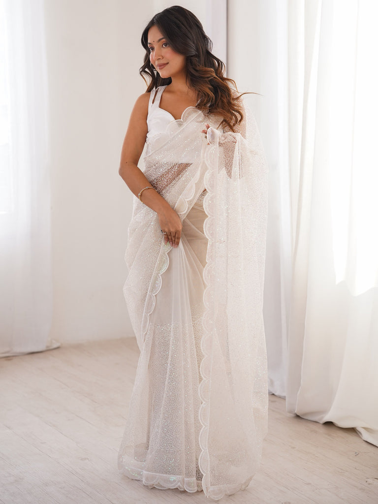 Classic White Sequins Net Festive Wear Saree With Blouse