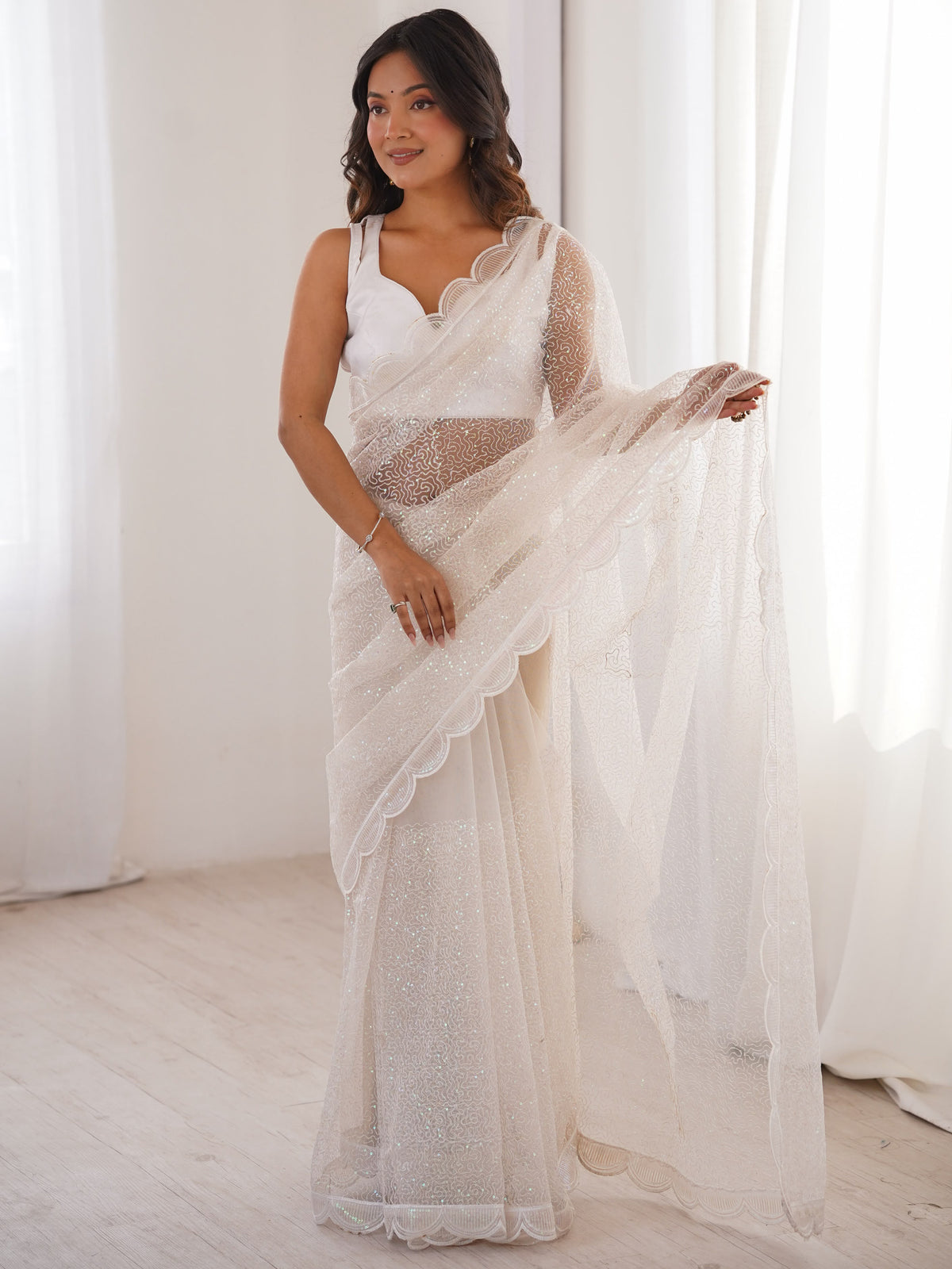 Classic White Sequins Net Festive Wear Saree With Blouse