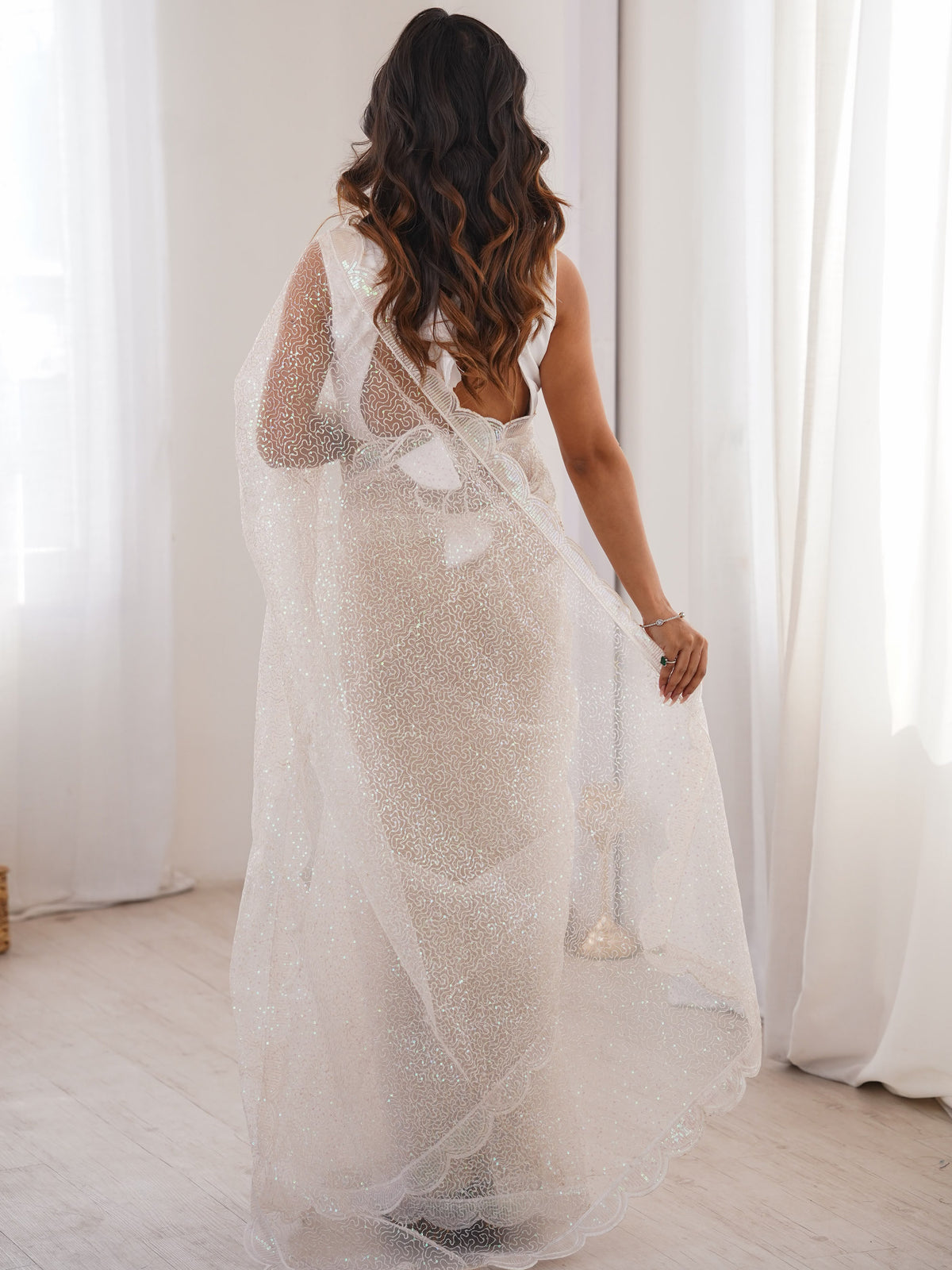 Classic White Sequins Net Festive Wear Saree With Blouse