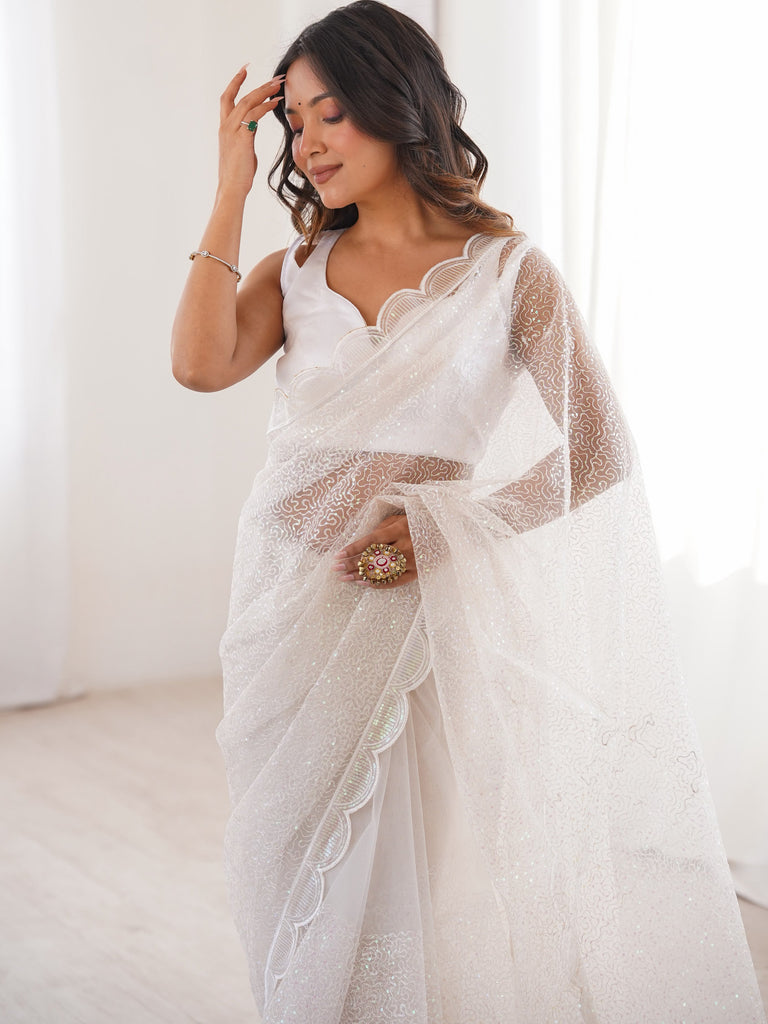 Classic White Sequins Net Festive Wear Saree With Blouse