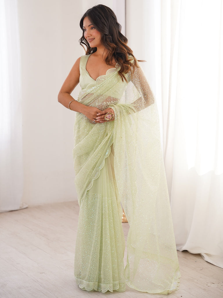 Noteworthy Pista Green Sequins Net Wedding Wear Saree With Blouse