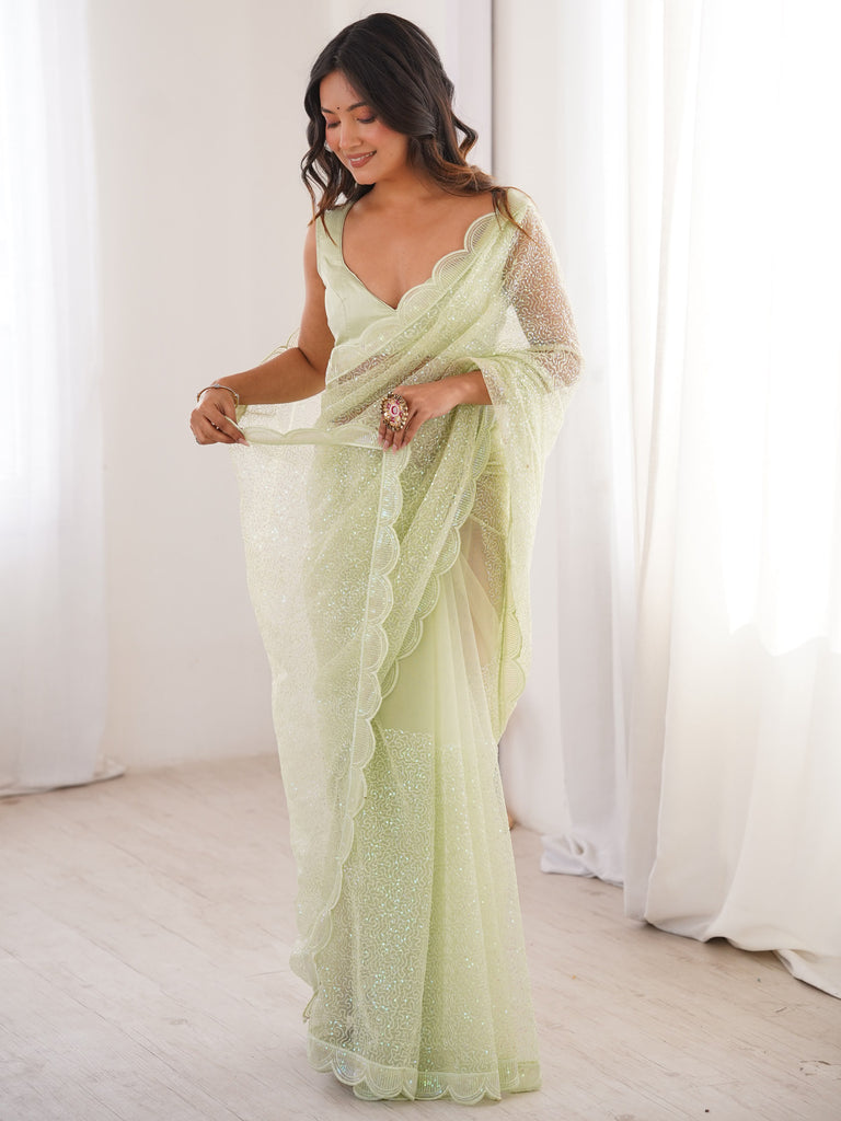 Noteworthy Pista Green Sequins Net Wedding Wear Saree With Blouse