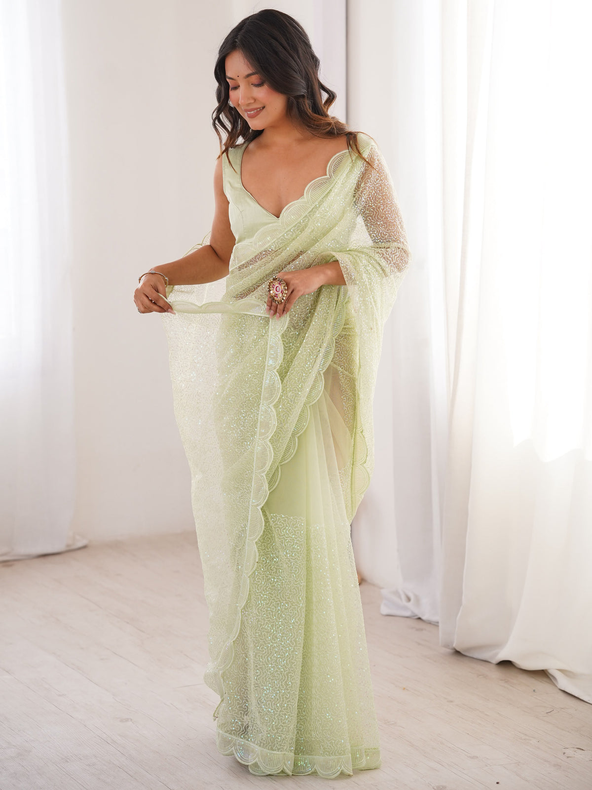 Noteworthy Pista Green Sequins Net Wedding Wear Saree With Blouse