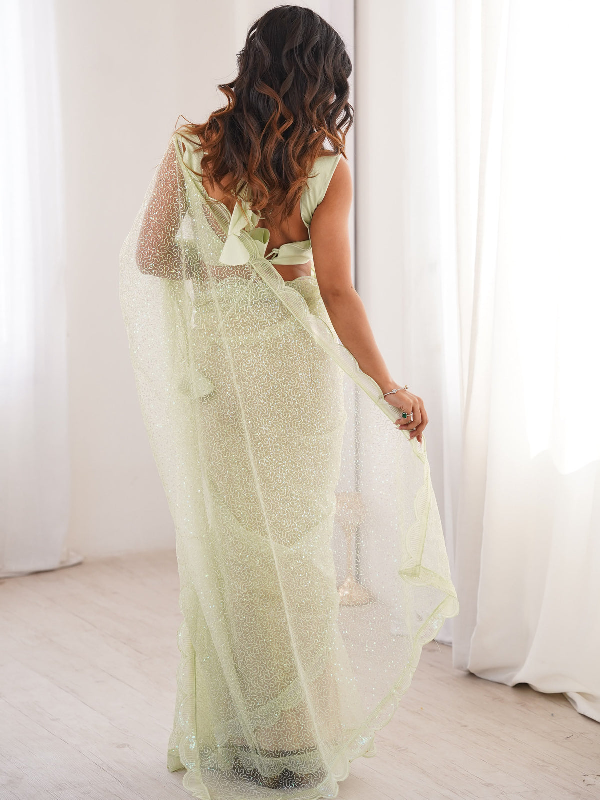 Noteworthy Pista Green Sequins Net Wedding Wear Saree With Blouse