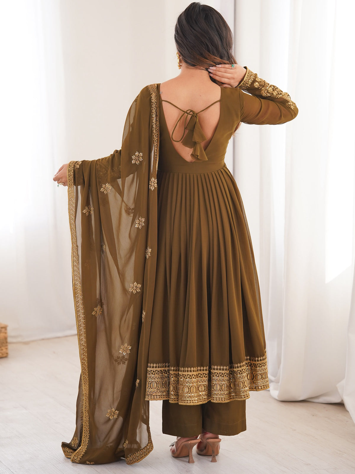 Elegant Olive Green Embroidered Georgette Mehendi Wear Anarkali Suit