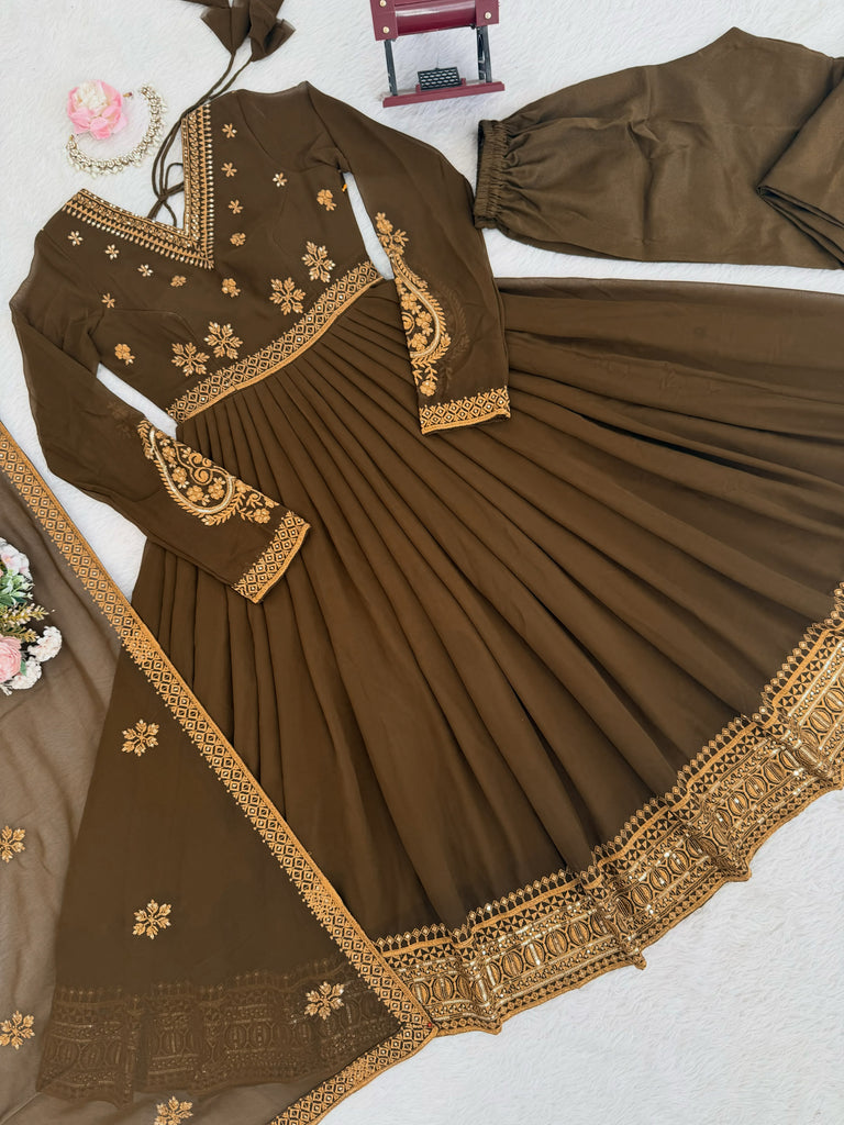 Elegant Olive Green Embroidered Georgette Mehendi Wear Anarkali Suit