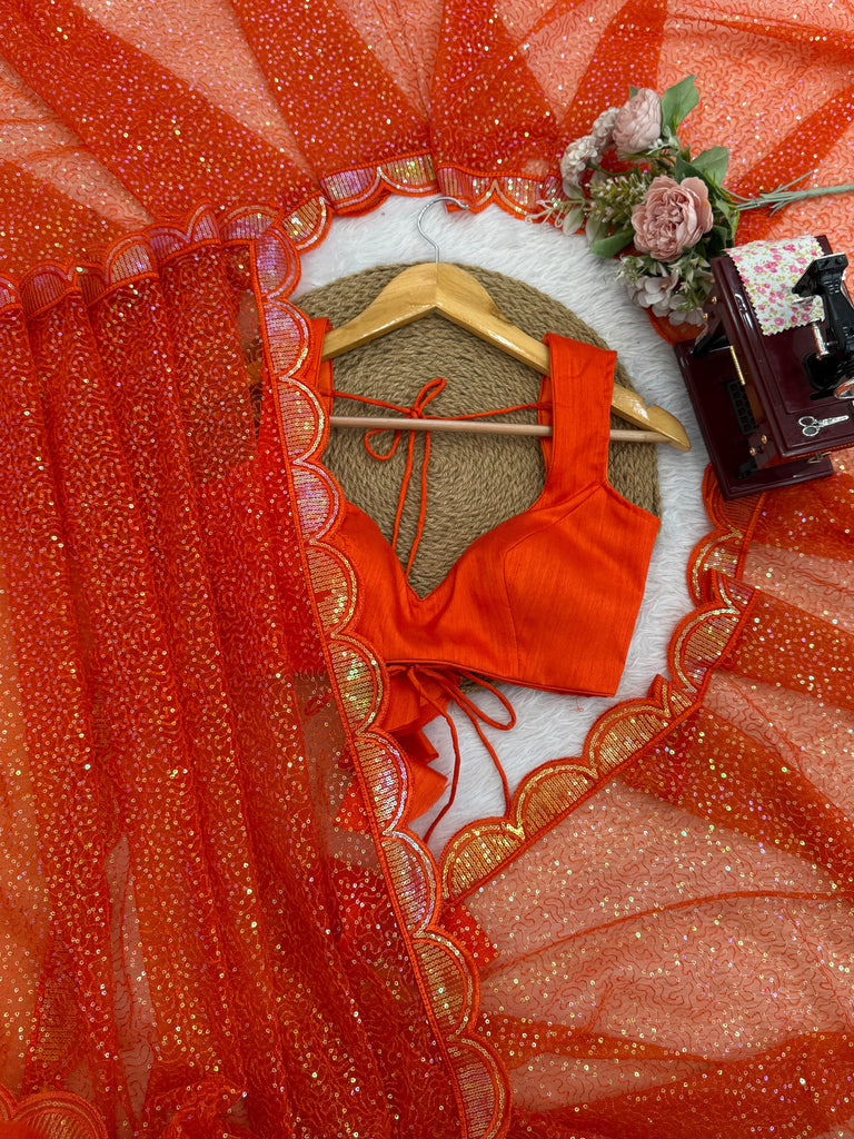 Captivating Orange Sequins Net Traditional Saree With Blouse