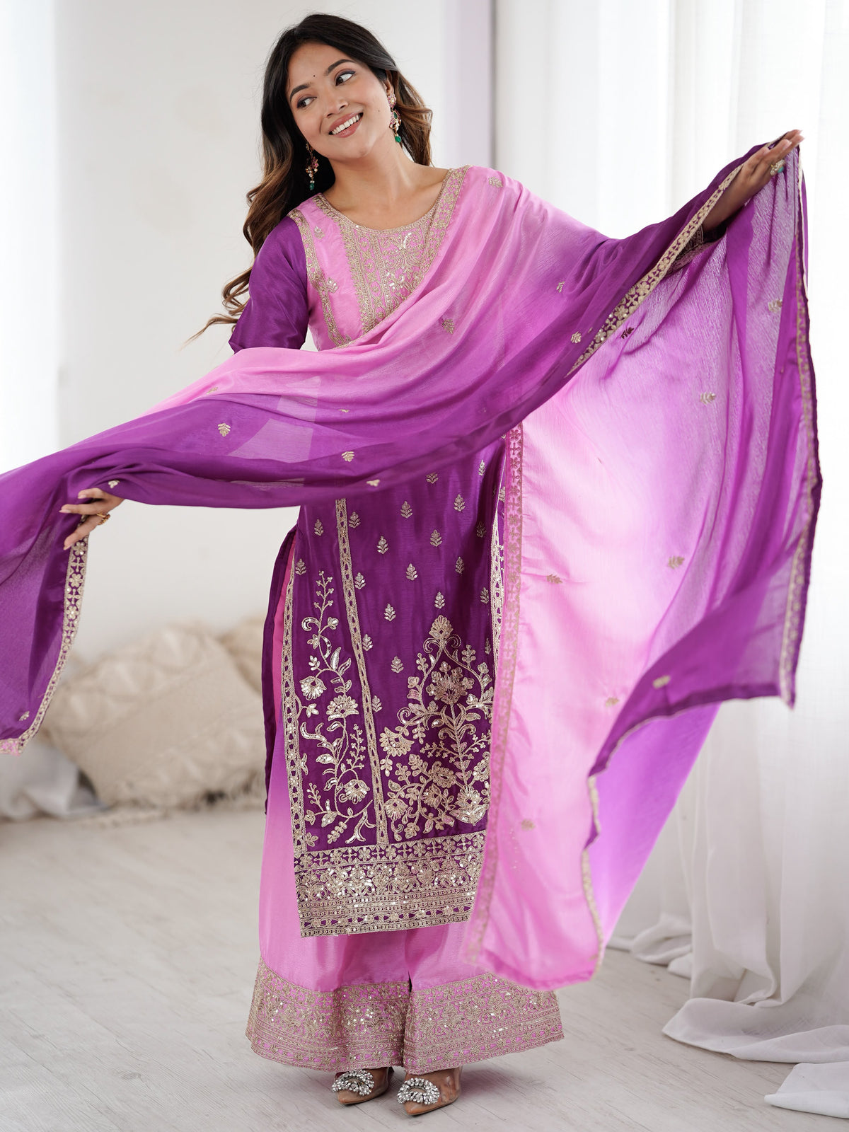 Magnificent Lavender Coding Work Chinon Festive Wear Palazzo Suit