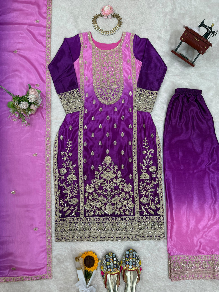 Magnificent Lavender Coding Work Chinon Festive Wear Palazzo Suit