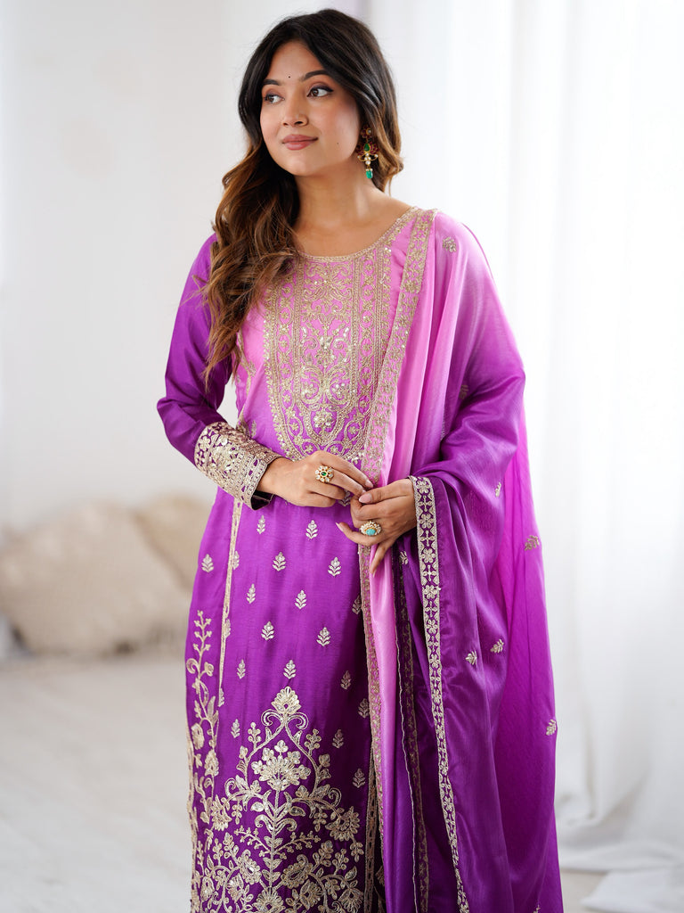 Magnificent Lavender Coding Work Chinon Festive Wear Palazzo Suit