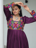 Glamorous Wine Rayon Kutchi Work Navratri Wear Gown