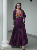Glamorous Wine Rayon Kutchi Work Navratri Wear Gown