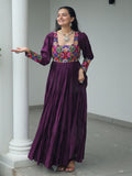 Glamorous Wine Rayon Kutchi Work Navratri Wear Gown