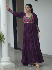 Glamorous Wine Rayon Kutchi Work Navratri Wear Gown