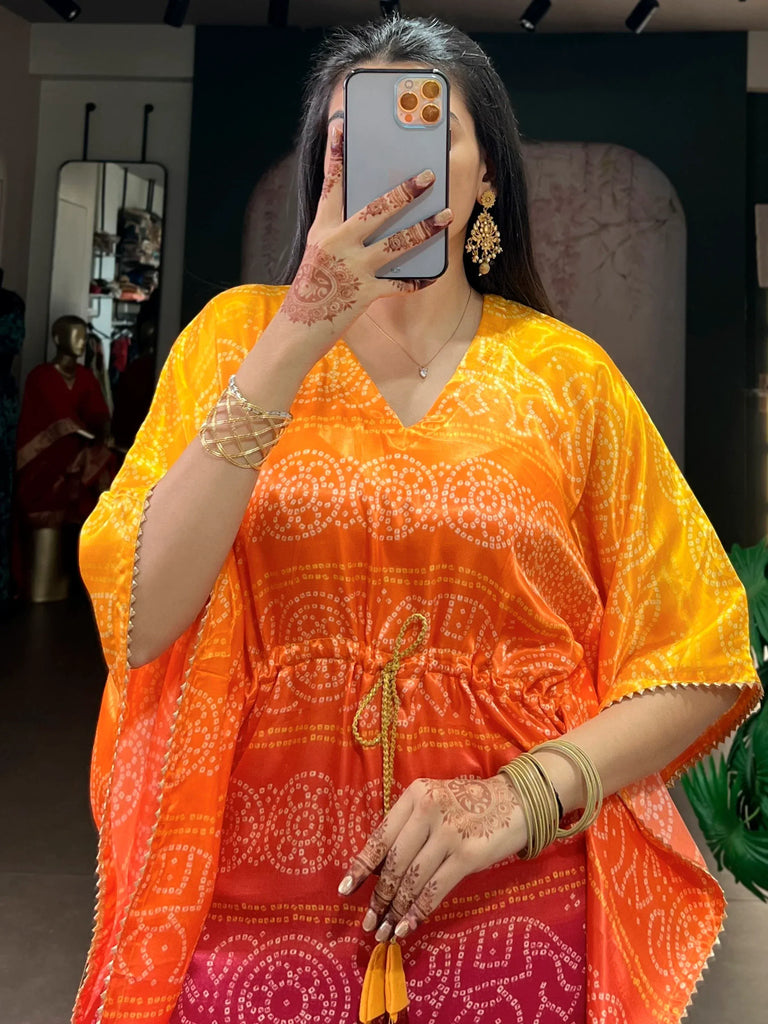 Stunning Yellow Digital Printed Gaji Silk Haldi Wear Kaftan