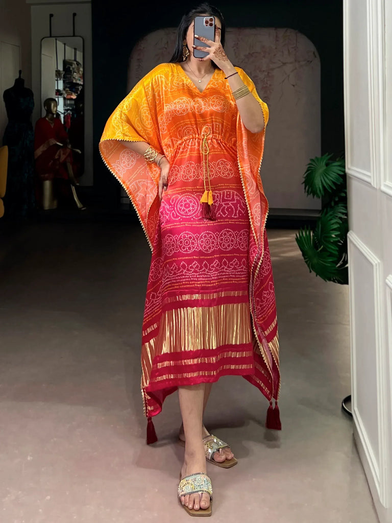 Stunning Yellow Digital Printed Gaji Silk Haldi Wear Kaftan