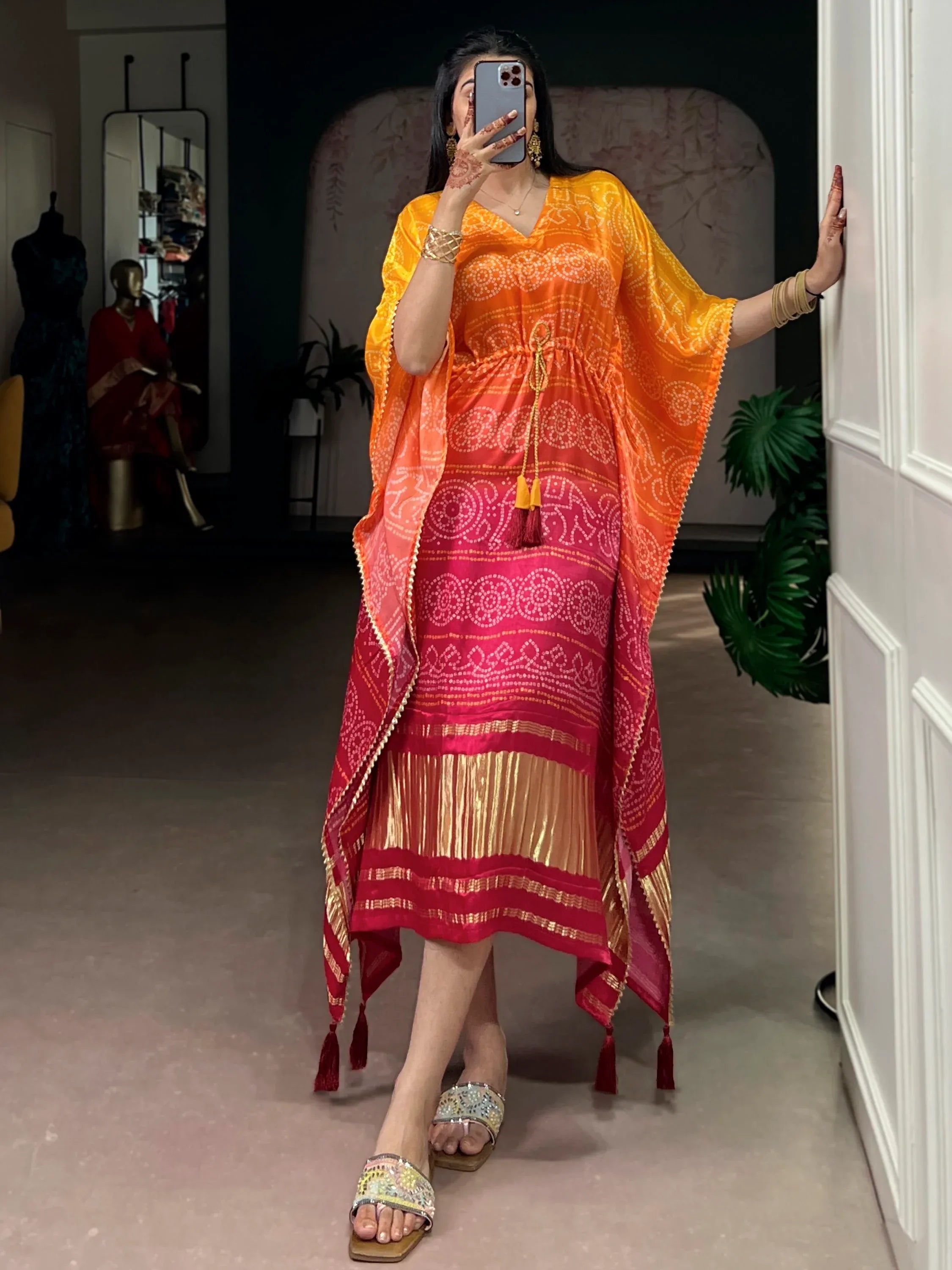 Stunning Yellow Digital Printed Gaji Silk Haldi Wear Kaftan
