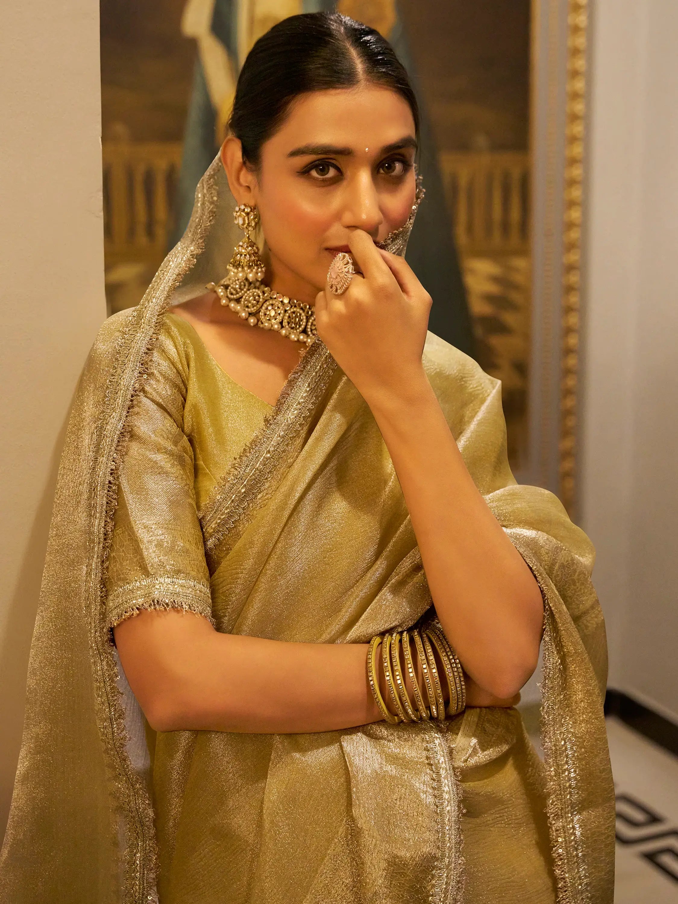 Adorable Golden Zari Weaving Tissue Silk Traditional Saree With Blouse