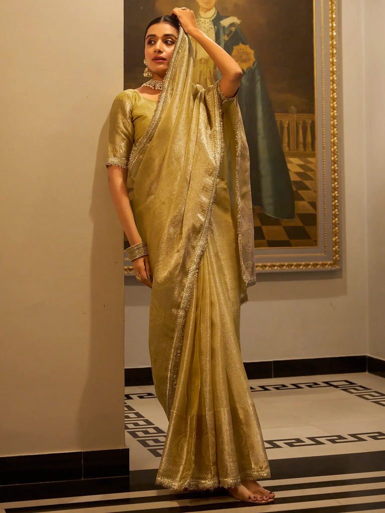 Adorable Golden Zari Weaving Tissue Silk Traditional Saree With Blouse