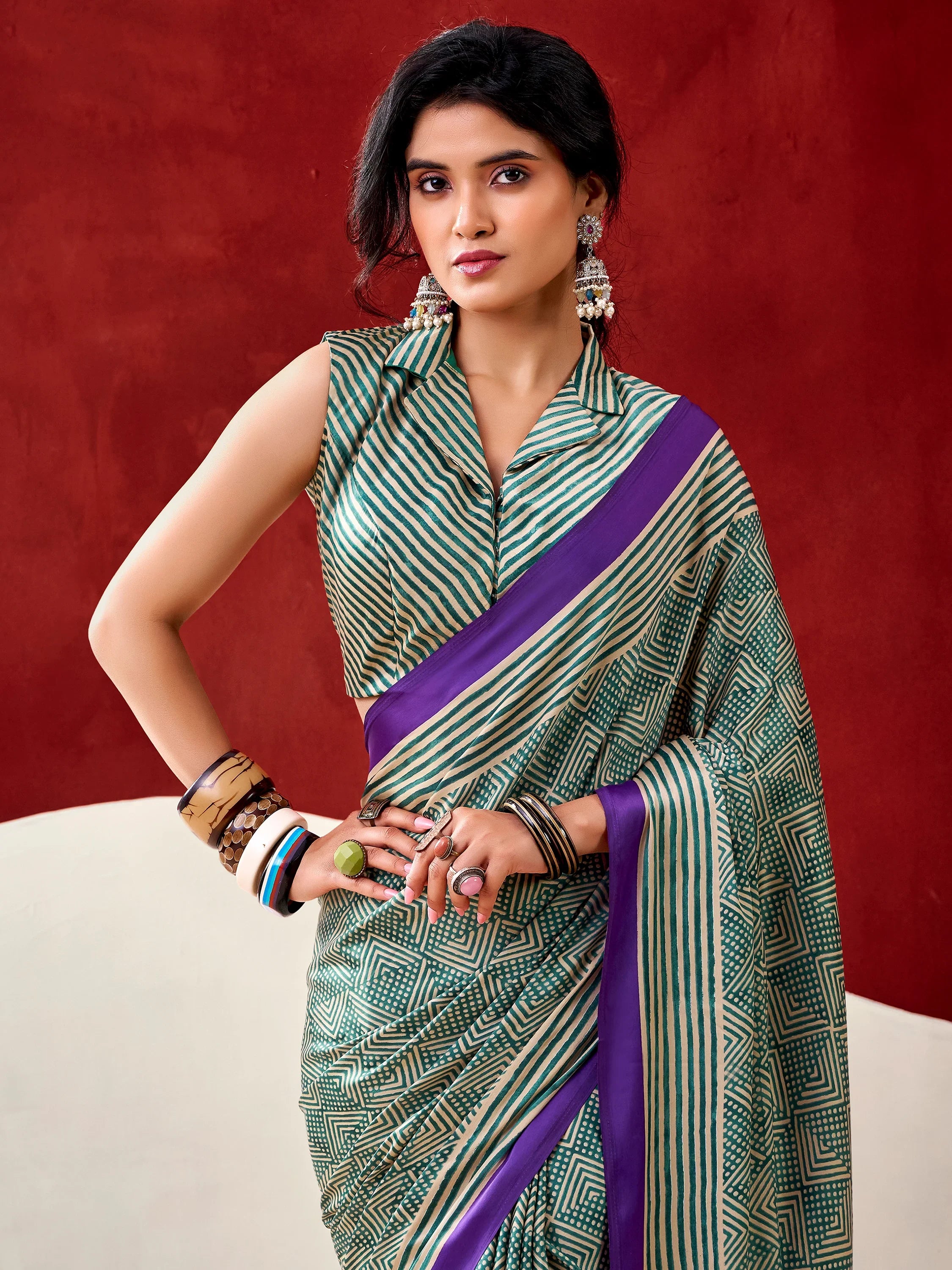 Stylish Bottle Green Digital Printed Satin Casual Wear Saree With Blouse
