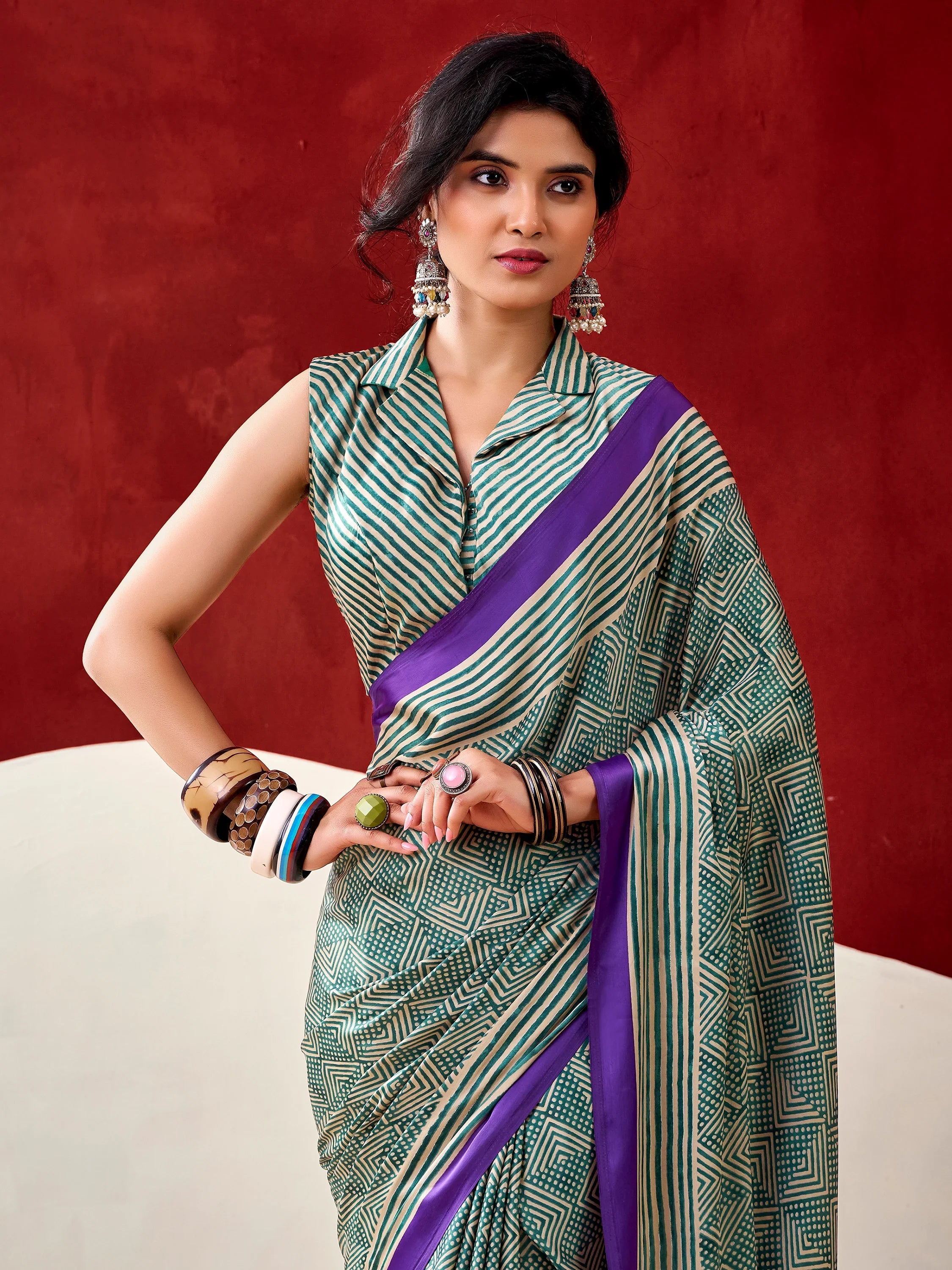 Stylish Bottle Green Digital Printed Satin Casual Wear Saree With Blouse