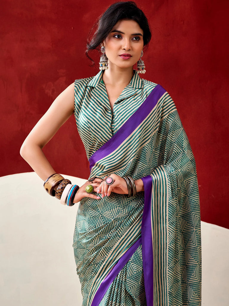 Stylish Bottle Green Digital Printed Satin Casual Wear Saree With Blouse