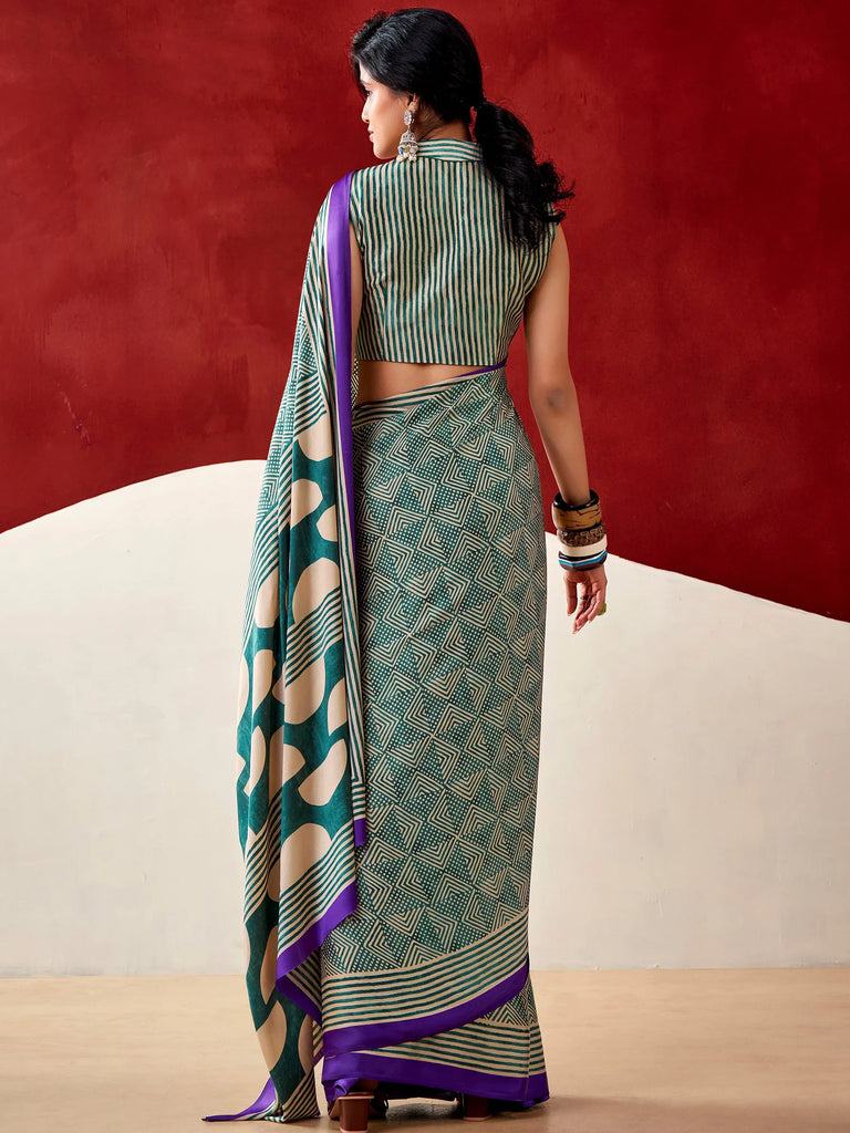 Stylish Bottle Green Digital Printed Satin Casual Wear Saree With Blouse