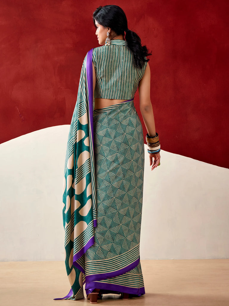 Stylish Bottle Green Digital Printed Satin Casual Wear Saree With Blouse