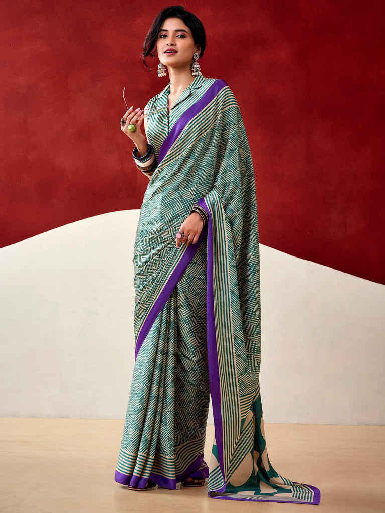 Stylish Bottle Green Digital Printed Satin Casual Wear Saree With Blouse
