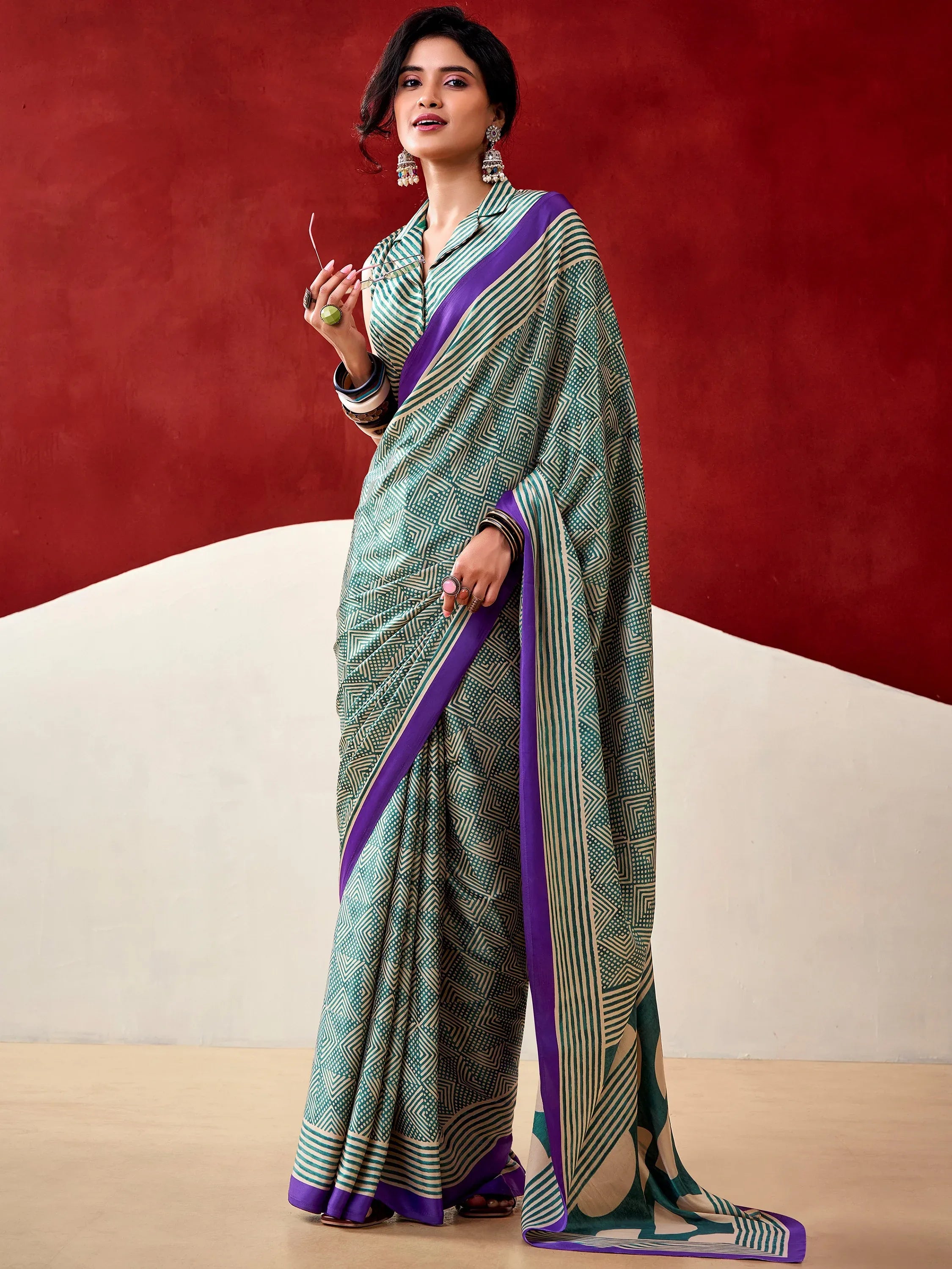 Stylish Bottle Green Digital Printed Satin Casual Wear Saree With Blouse