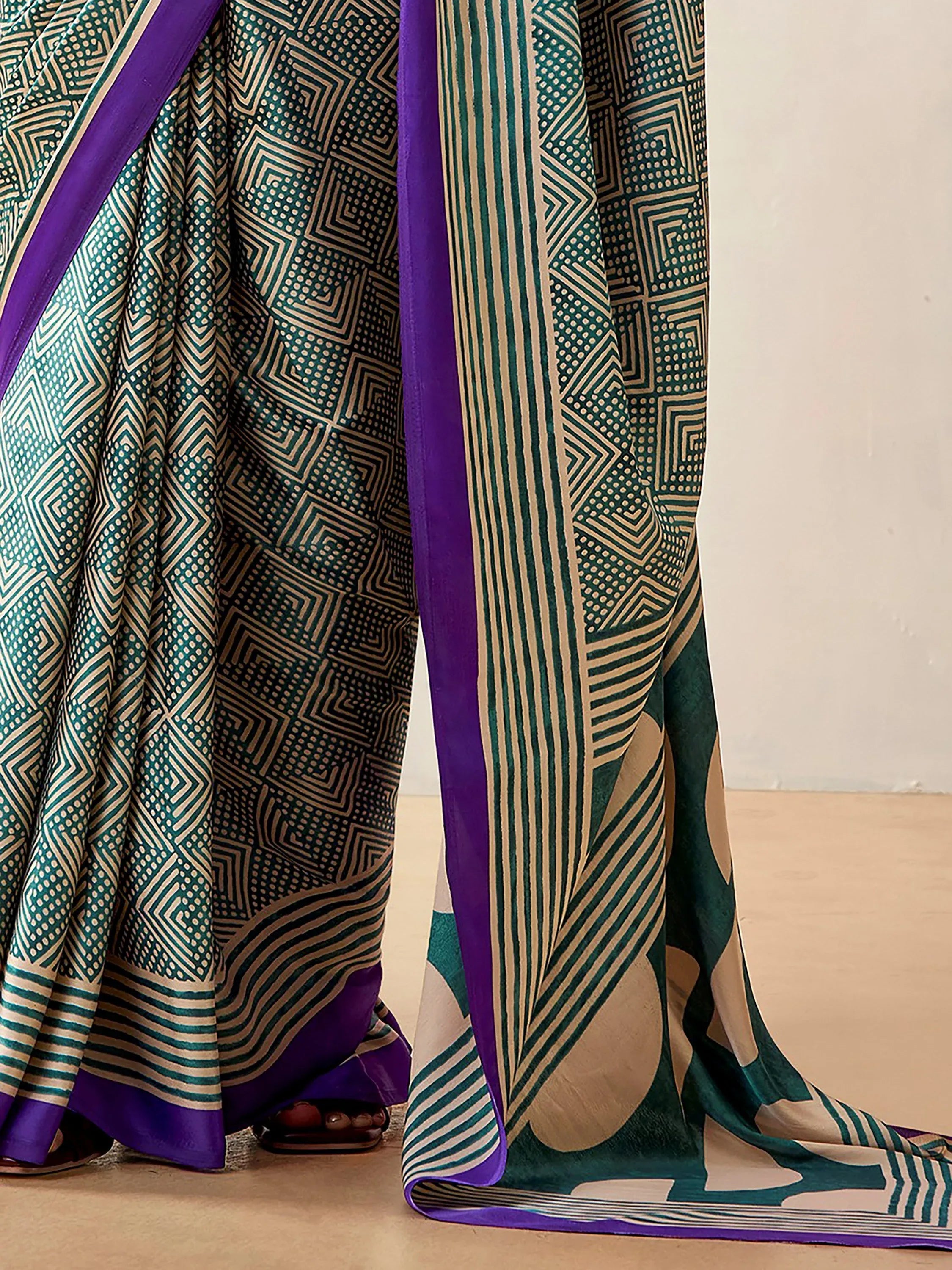 Stylish Bottle Green Digital Printed Satin Casual Wear Saree With Blouse