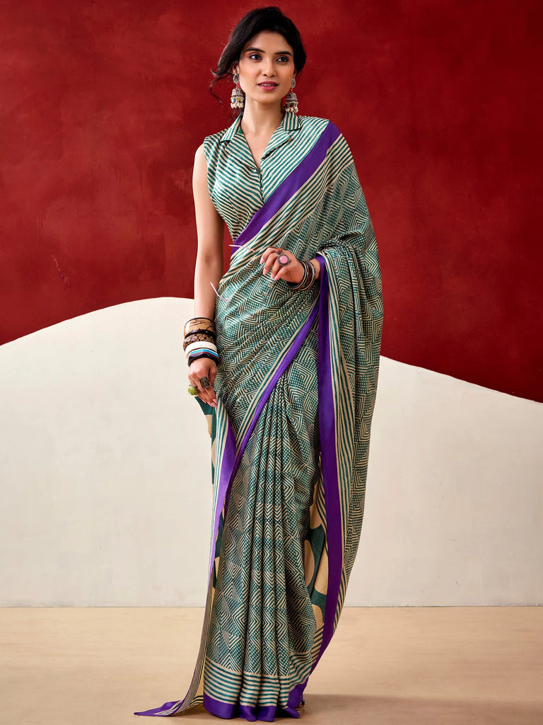 Stylish Bottle Green Digital Printed Satin Casual Wear Saree With Blouse