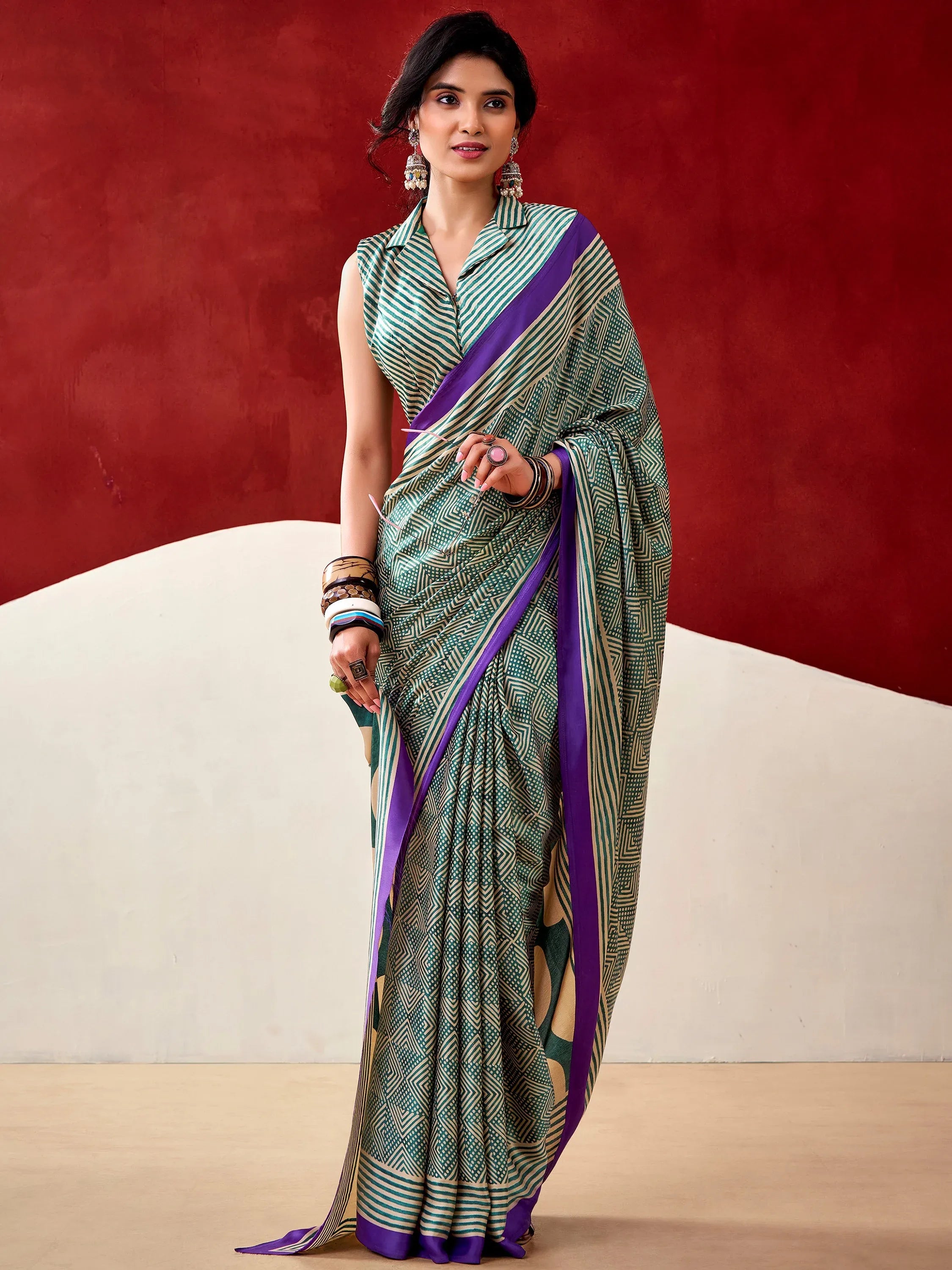 Stylish Bottle Green Digital Printed Satin Casual Wear Saree With Blouse