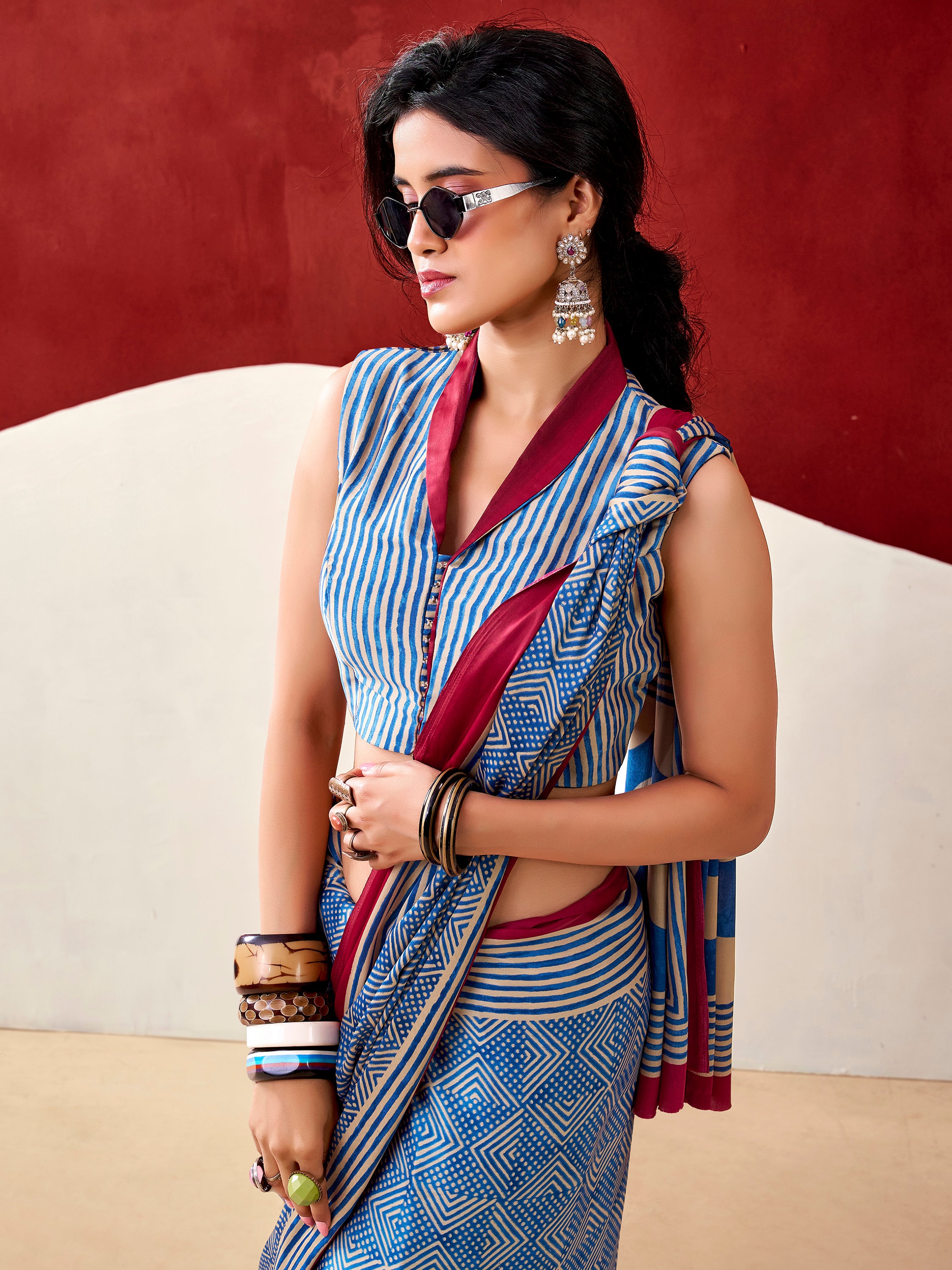 Mesmerizing Blue Digital Printed Satin Office Wear Saree With Blouse