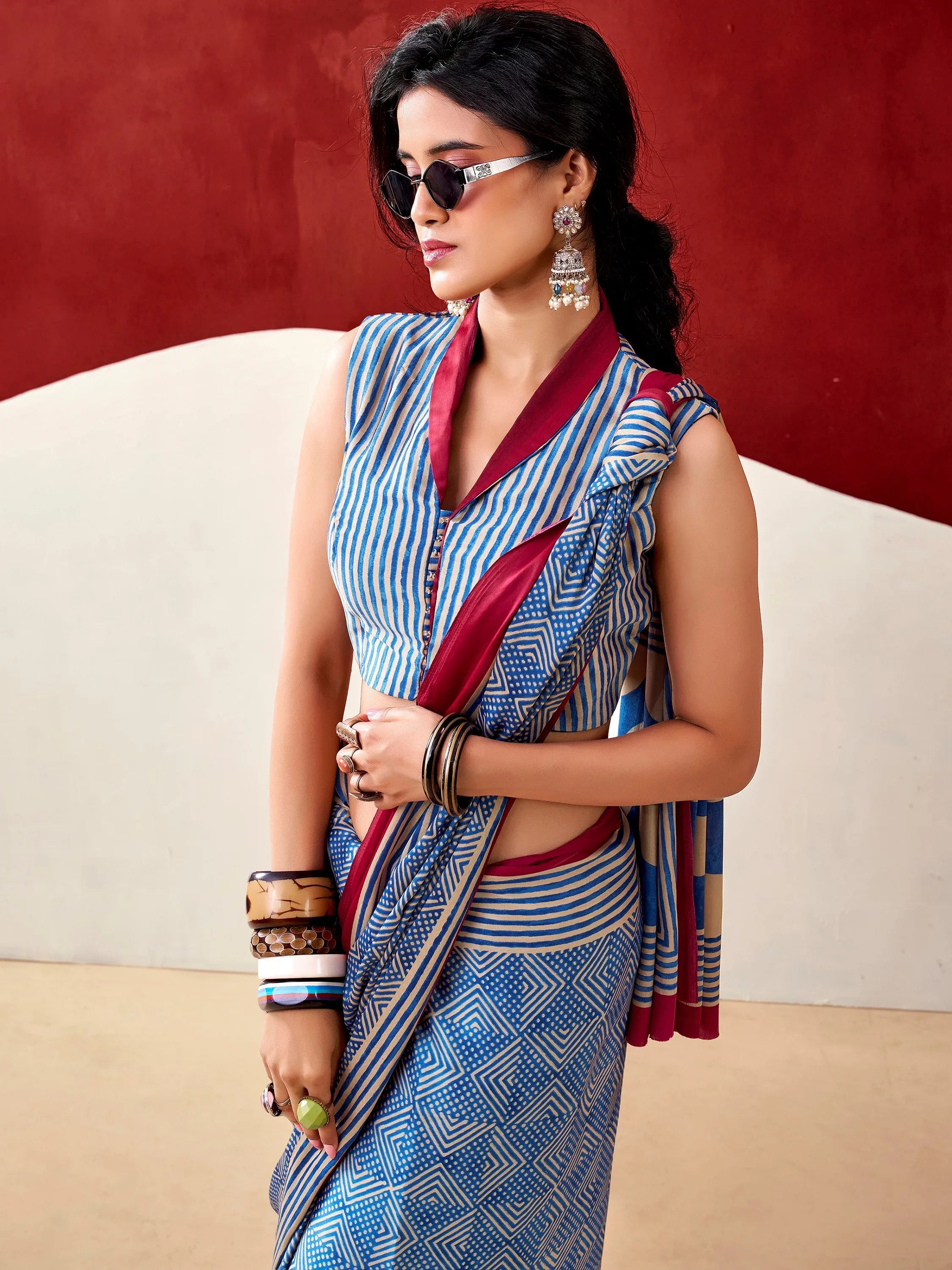 Mesmerizing Blue Digital Printed Satin Office Wear Saree With Blouse