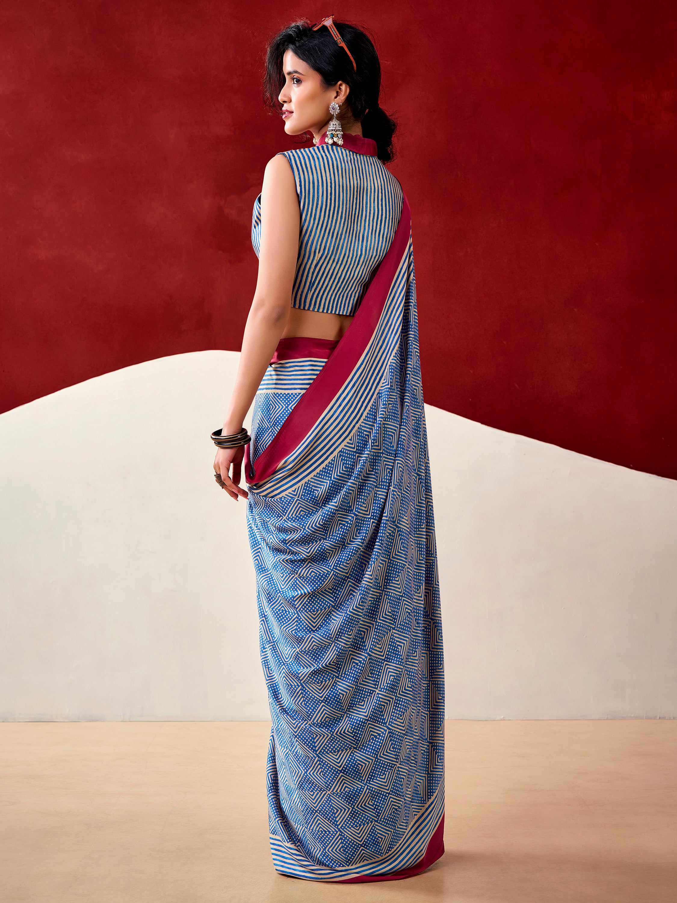 Mesmerizing Blue Digital Printed Satin Office Wear Saree With Blouse