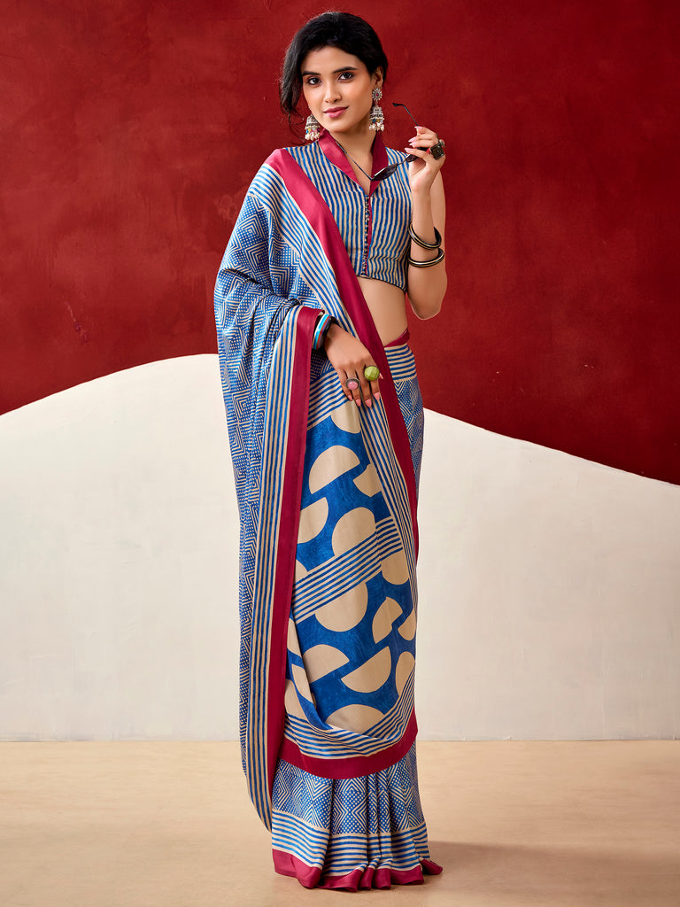 Mesmerizing Blue Digital Printed Satin Office Wear Saree With Blouse