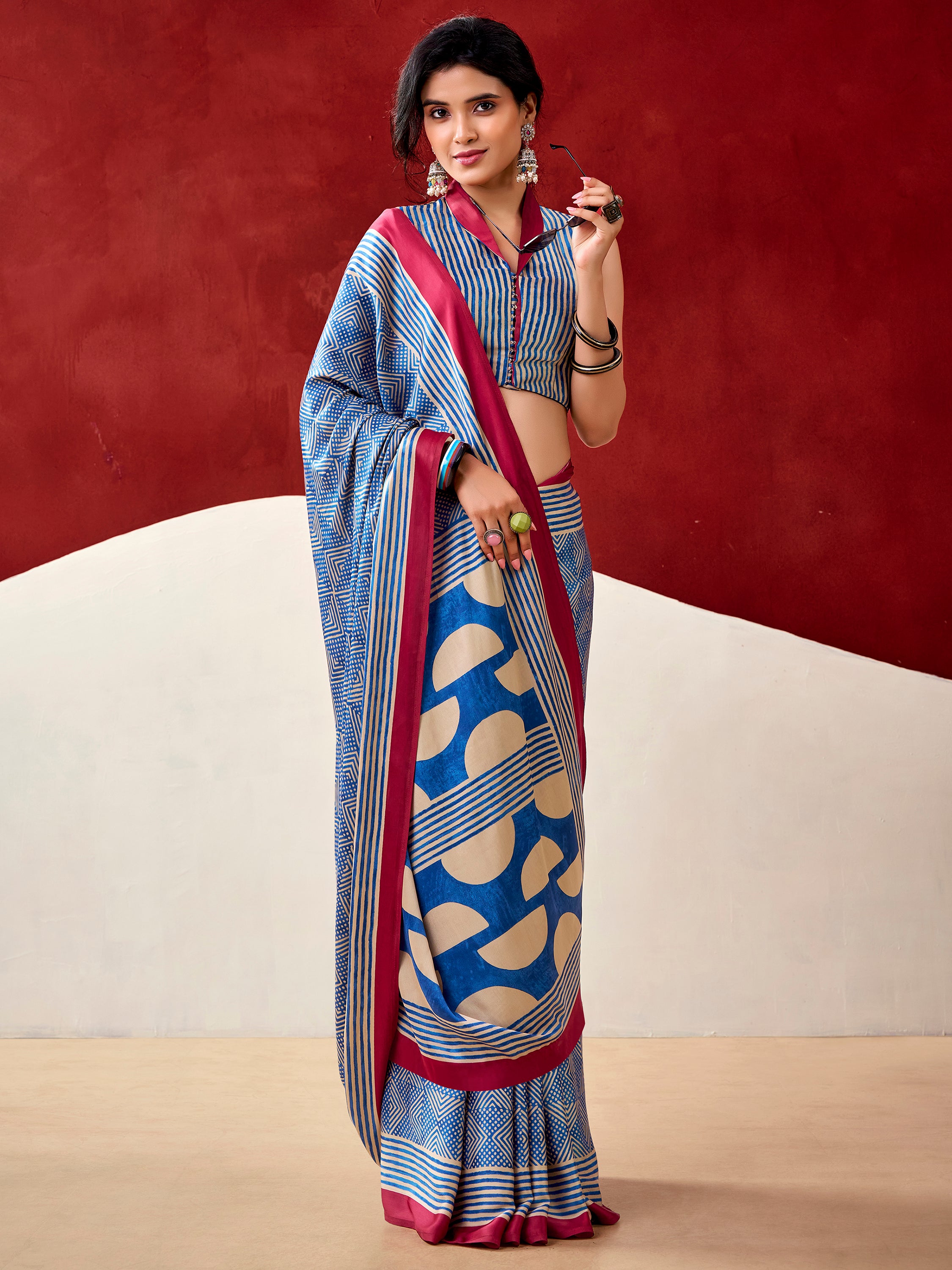 Mesmerizing Blue Digital Printed Satin Office Wear Saree With Blouse