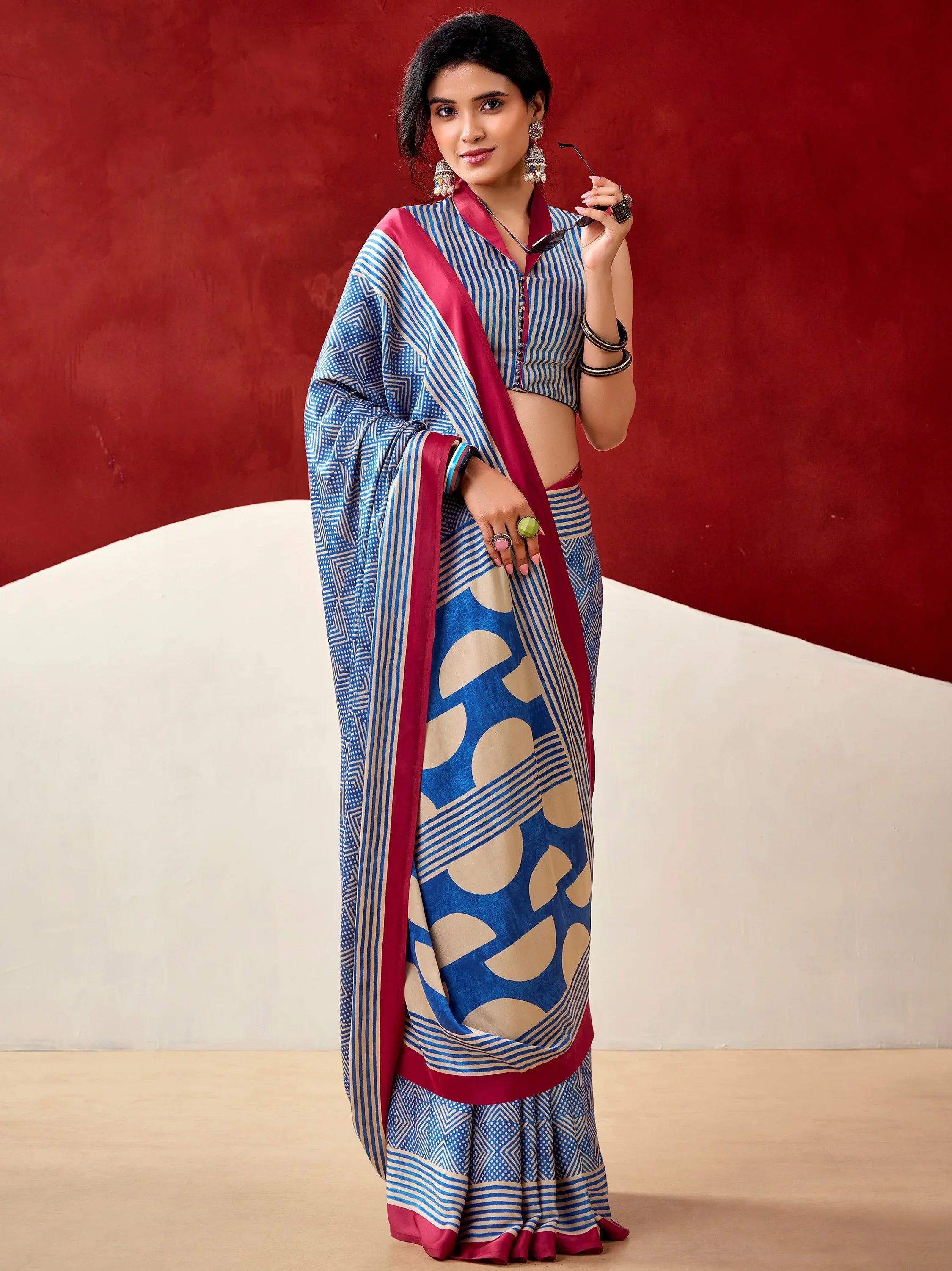 Mesmerizing Blue Digital Printed Satin Office Wear Saree With Blouse